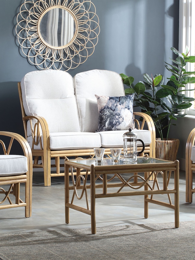 Desser Jasper Beige Cream Bali Light Oak Rattan Conservatory 2 Seater Sofa - Image 1 of 3