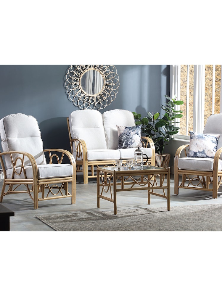 Desser Jasper Beige Cream Bali Light Oak Rattan Indoor Conservatory 2 Seater Suite Sofa - Image 1 of 4