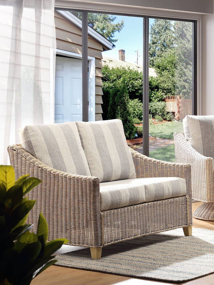 Desser Grey Athena Stripe Dijon Natural Rattan Conservatory 2 Seater Sofa - Image 1 of 4