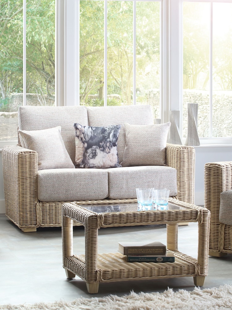 Desser Blush Pink Tweed Burford Natural Rattan Conservatory 2 Seater Sofa - Image 2 of 5