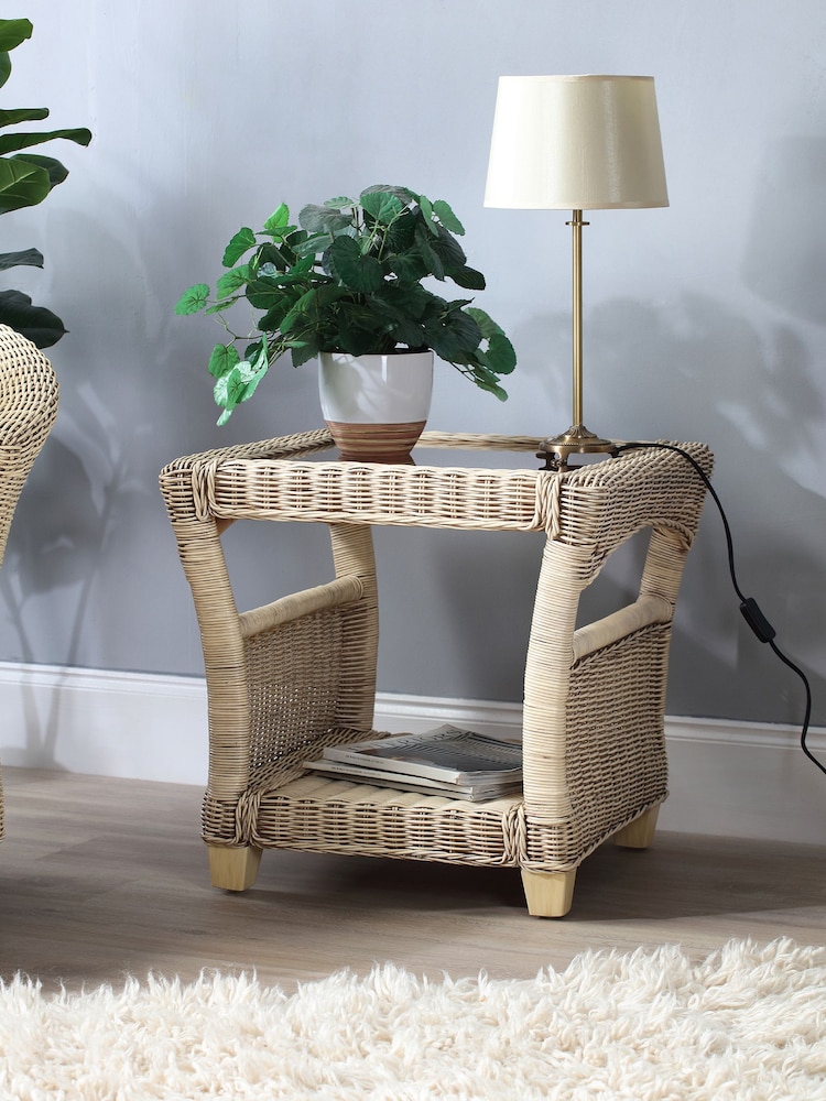 Desser Natural Dijon Rattan Conservatory Glass Top Lamp Table - Image 1 of 2