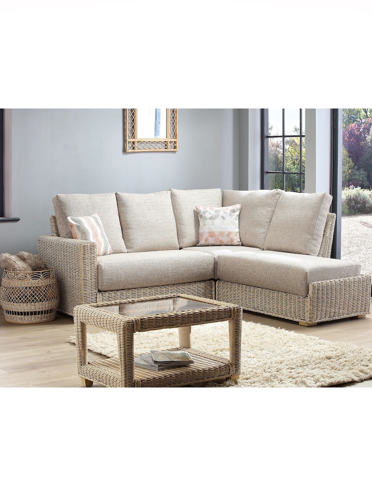 Desser Blush Pink Tweed Burford Natural Rattan Left Hand Conservatory Corner Sofa - Image 1 of 4