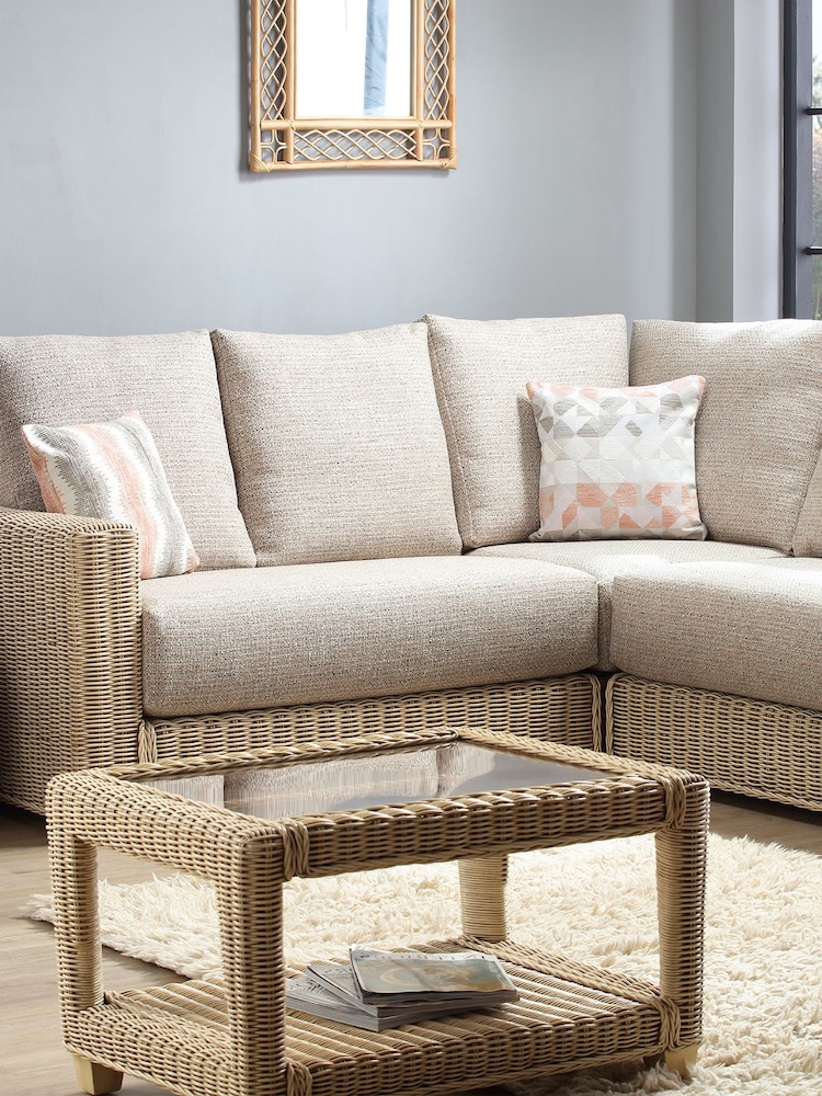 Desser Blush Pink Tweed Burford Natural Rattan Left Hand Conservatory Corner Sofa - Image 2 of 4