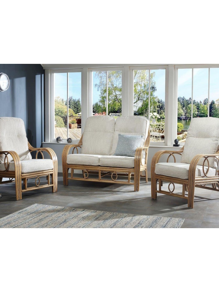 Desser Jasper Beige Cream Madrid Light Oak Rattan Conservatory 2 Seater Suite Sofa - Image 1 of 5