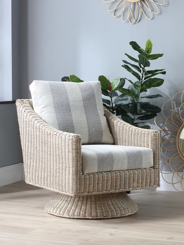 Desser Grey Athena Stripe Dijon Rattan 360 Conservatory Boxy Swivel Chair - Image 1 of 3