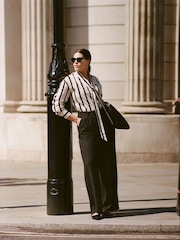 Monochrome Stripe Long Sleeve Tie Neck Scarf 100% Cotton Shirt - Image 1 of 8