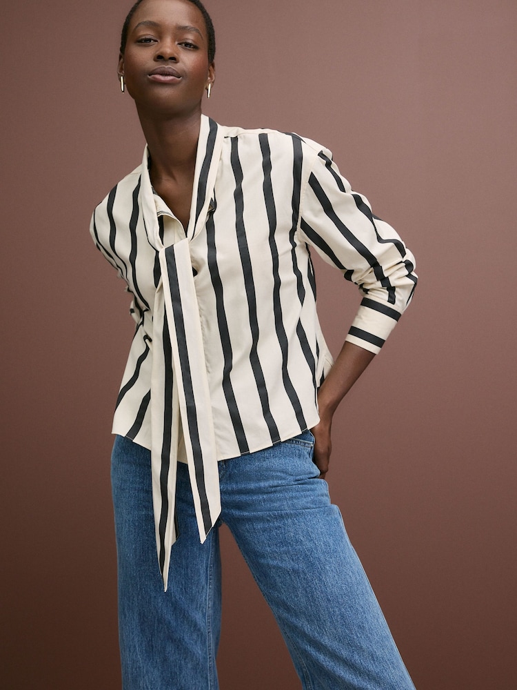 Monochrome Stripe Long Sleeve Tie Neck Scarf 100% Cotton Shirt - Image 2 of 8