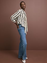 Monochrome Stripe Long Sleeve Tie Neck Scarf 100% Cotton Shirt - Image 3 of 8