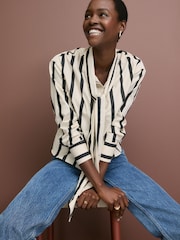 Monochrome Stripe Long Sleeve Tie Neck Scarf 100% Cotton Shirt - Image 4 of 8