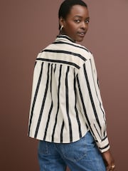 Monochrome Stripe Long Sleeve Tie Neck Scarf 100% Cotton Shirt - Image 5 of 8