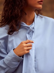 Chambray Blue Long Sleeve Tie Neck Scarf 100% Cotton Shirt - Image 5 of 7