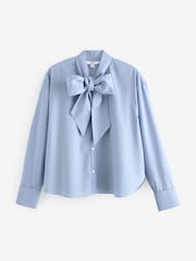 Chambray Blue Long Sleeve Tie Neck Scarf 100% Cotton Shirt - Image 6 of 7