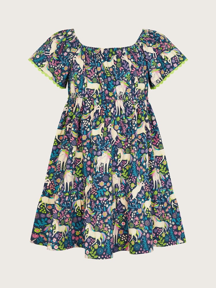 Monsoon Blue Unicorn Print 100% Cotton Dress - Image 1 of 4