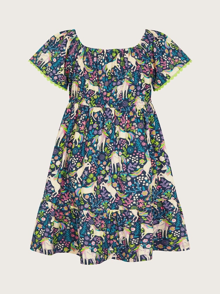 Monsoon Blue Unicorn Print 100% Cotton Dress - Image 2 of 4