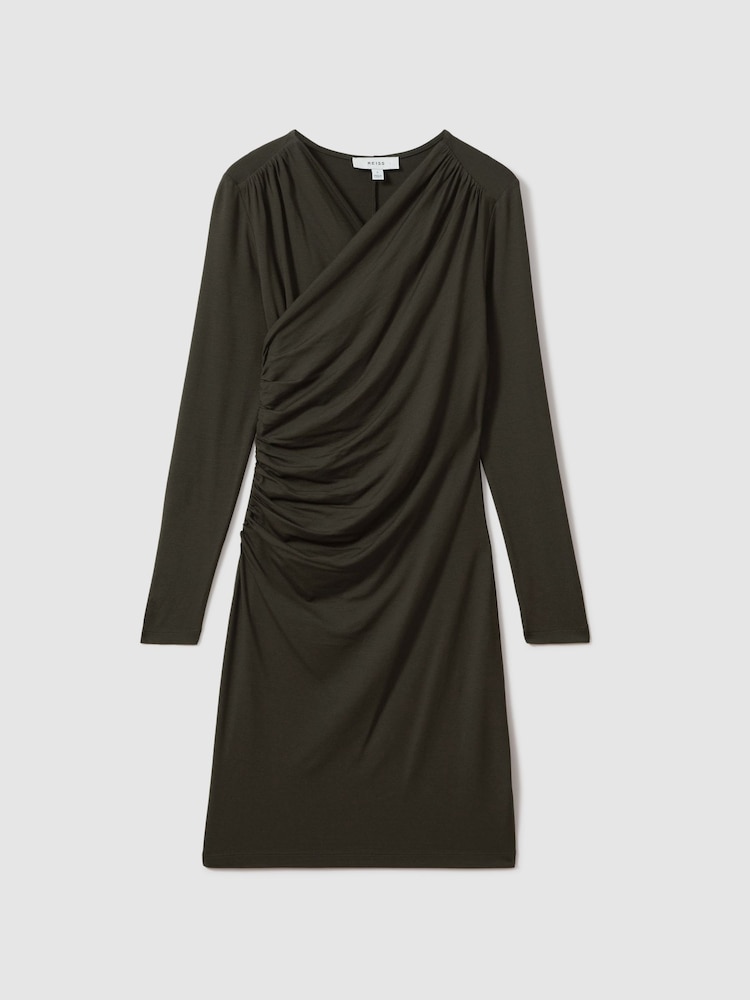 Reiss Khaki Lisa Wrap Front Ruched Jersey Mini Dress - Image 2 of 5