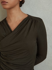 Reiss Khaki Lisa Wrap Front Ruched Jersey Mini Dress - Image 3 of 5