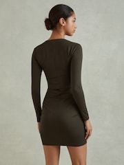 Reiss Khaki Lisa Wrap Front Ruched Jersey Mini Dress - Image 4 of 5