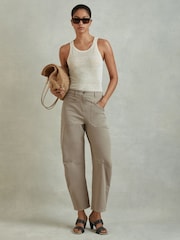 Reiss Olive Nova Cotton Blend Barrel Leg Trousers - Image 1 of 5