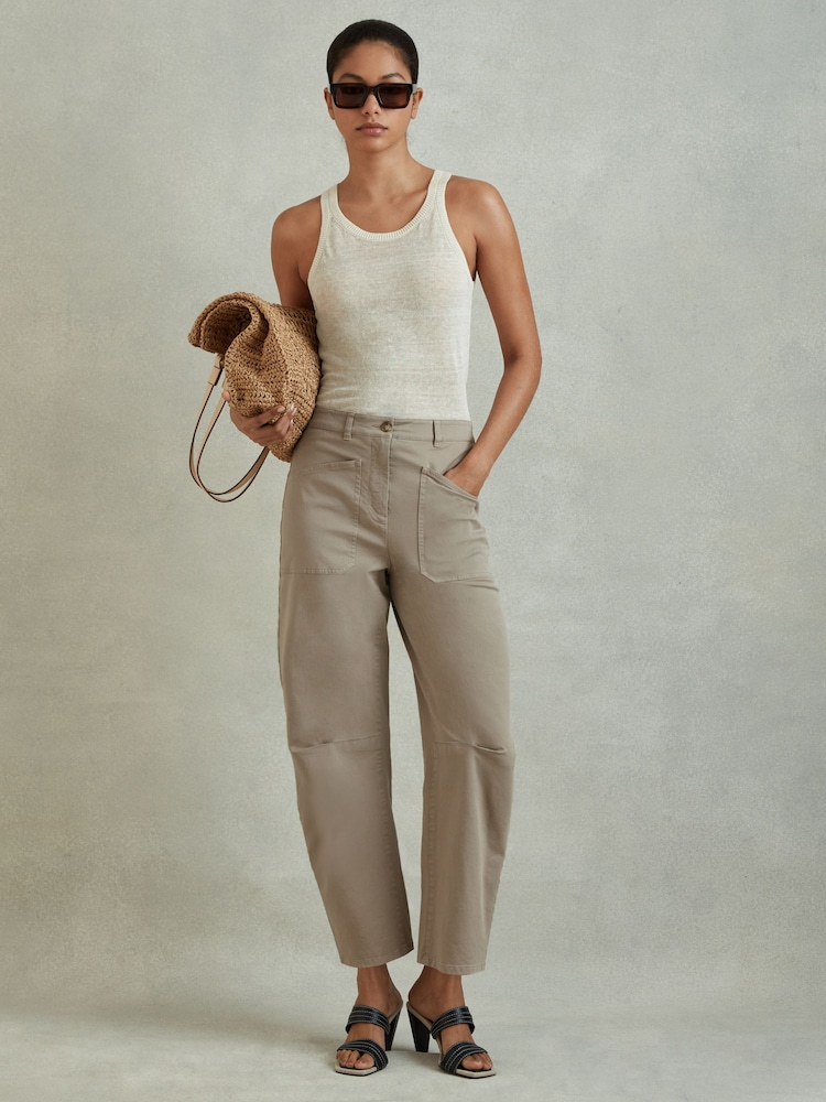 Reiss Olive Nova Cotton Blend Barrel Leg Trousers - Image 1 of 5