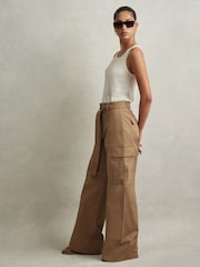 Reiss Camel Malia Petite Cotton Blend Wide Leg Cargo Trousers - Image 1 of 7