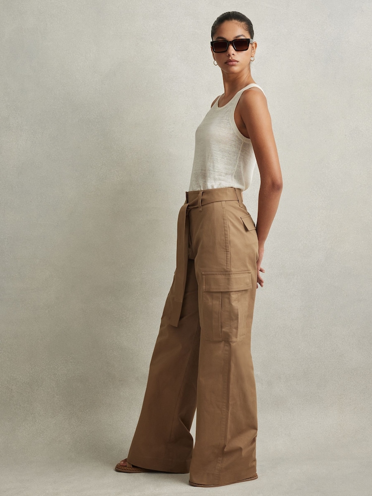 Reiss Camel Malia Petite Cotton Blend Wide Leg Cargo Trousers - Image 1 of 7