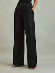 Reiss Washed Black Astrid Petite Cotton Blend Wide Leg Trousers - Image 1 of 7