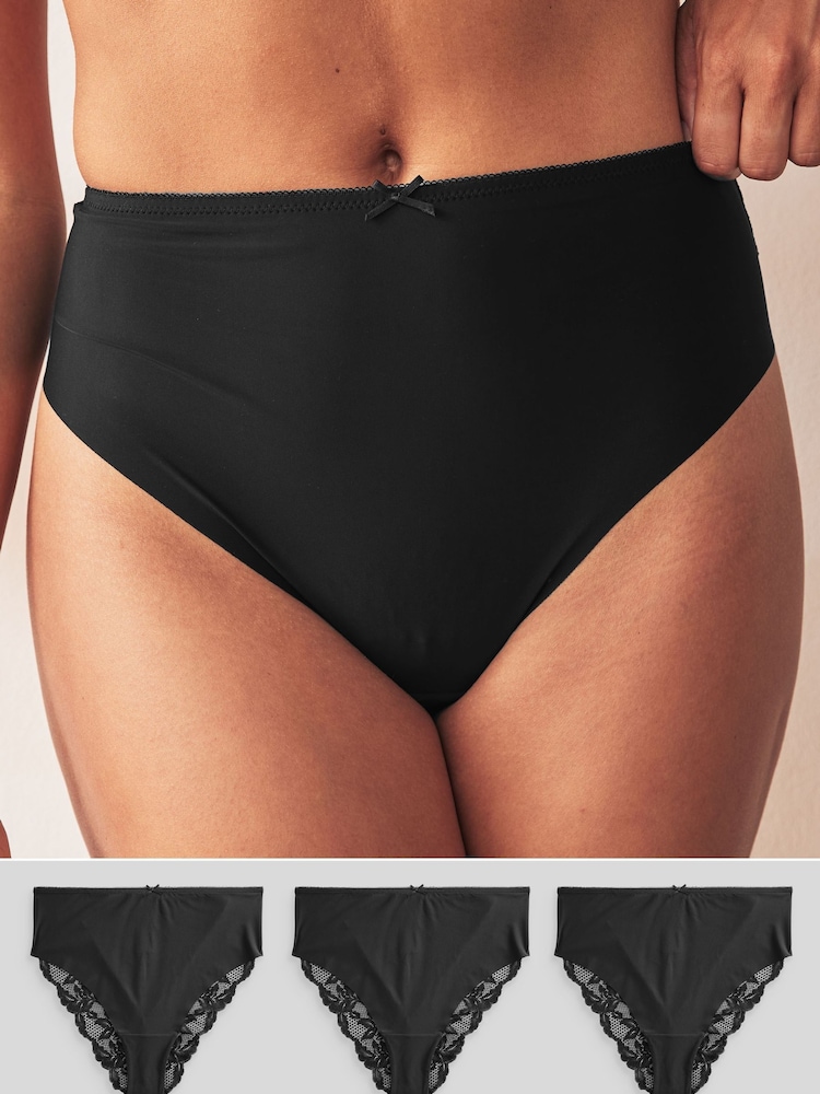 Black High Rise High Leg No VPL Lace Back Briefs 3 Pack - Image 1 of 7