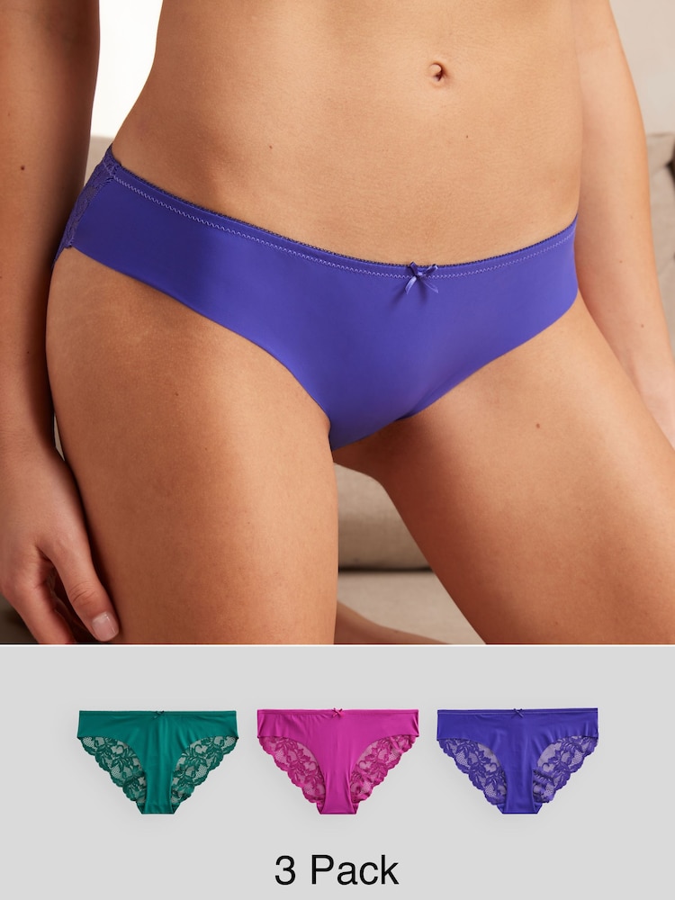 Pink/Blue Brazilian No VPL Lace Back Briefs 3 Pack - Image 1 of 7