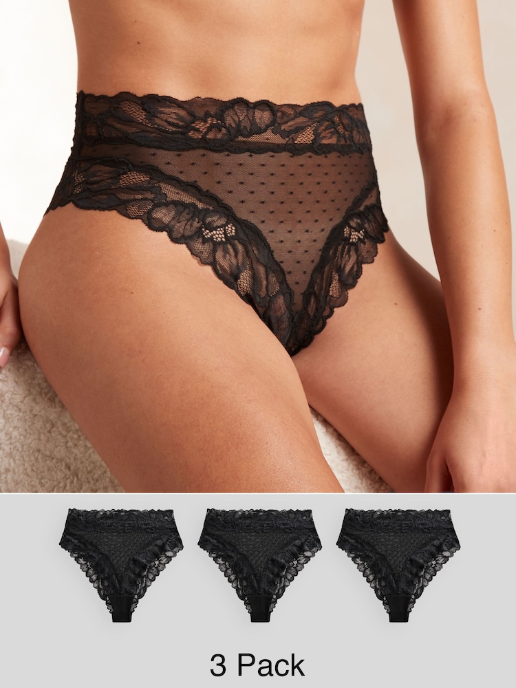 Black Floral Lace High Waist High Leg Knickers 3 Pack - Image 1 of 6 Black Floral Lace High Waist High Leg Knickers 3 Pack - Image 1 of 6