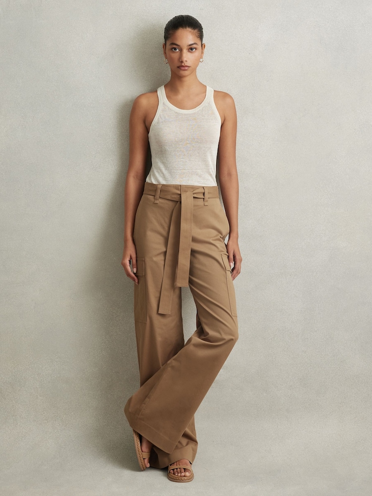 Reiss Camel Malia Cotton Blend Wide Leg Cargo Trousers - Image 1 of 6
