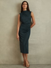 Reiss Dark Green Beaux Modal Blend Ruched Midi Dress - Image 1 of 6