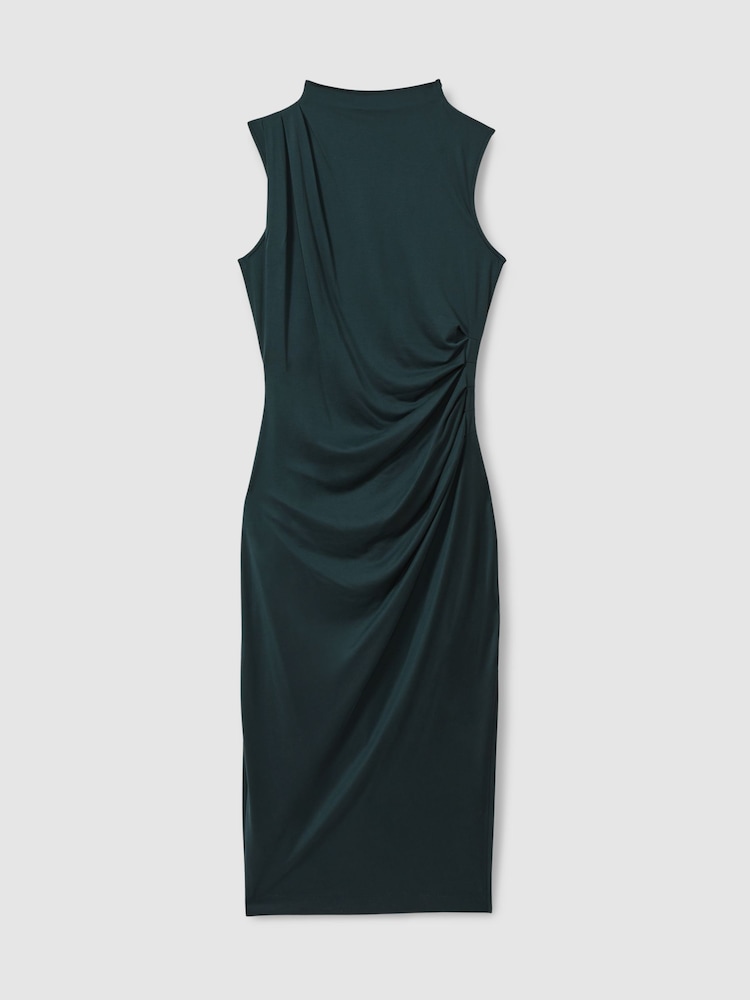 Reiss Dark Green Beaux Modal Blend Ruched Midi Dress - Image 2 of 6