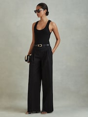 Reiss Washed Black Astrid Cotton Blend Wide Leg Trousers - Image 1 of 5