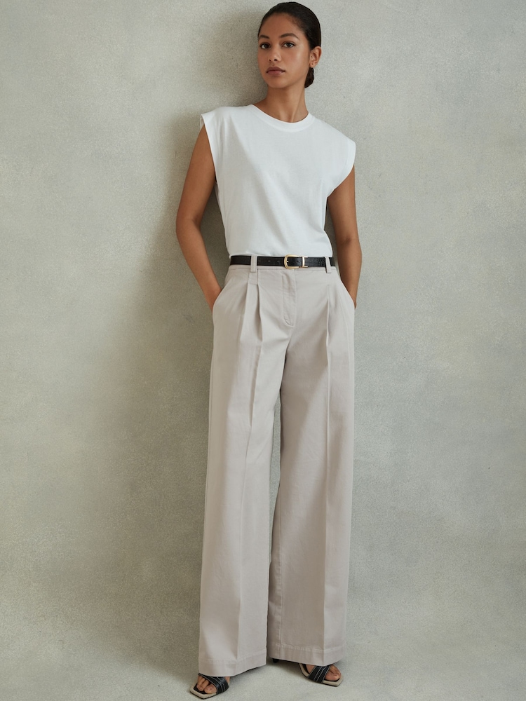 Reiss Grey Astrid Cotton Blend Wide Leg Trousers - Image 1 of 5