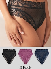 Black/Navy Floral Lace High Waist High Leg Knickers 3 Pack - Image 1 of 10