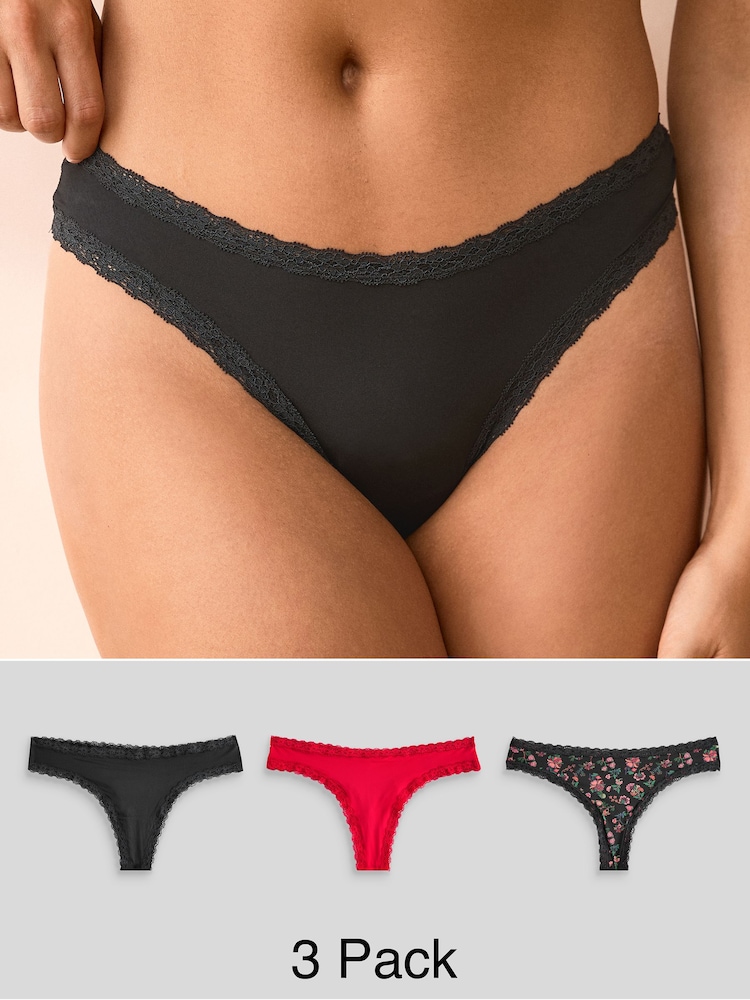 Black/Red Thong Knickers 3 Pack - Image 1 of 10