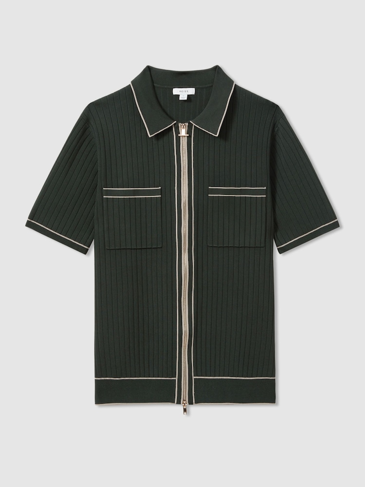 Verde oscuro - Reiss Christophe Ribbed Dual Zip-Front Shirt - Imagen 2 de 5