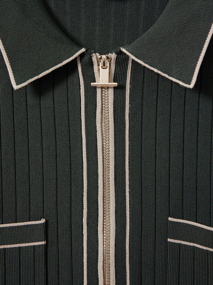 Verde oscuro - Reiss Christophe Ribbed Dual Zip-Front Shirt - Imagen 5 de 5