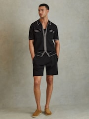 Reiss Black Etienne Ribbed Elasticated Waist Shorts - Image 1 of 6