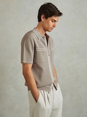 Reiss Stone Christophe Ribbed Dual Zip-Front Shirt - Image 1 of 6