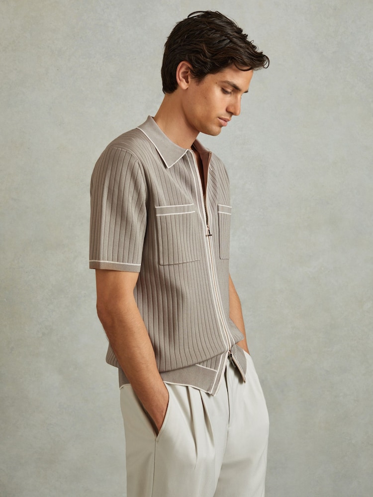 Reiss Stone Christophe Ribbed Dual Zip-Front Shirt - Image 1 of 6