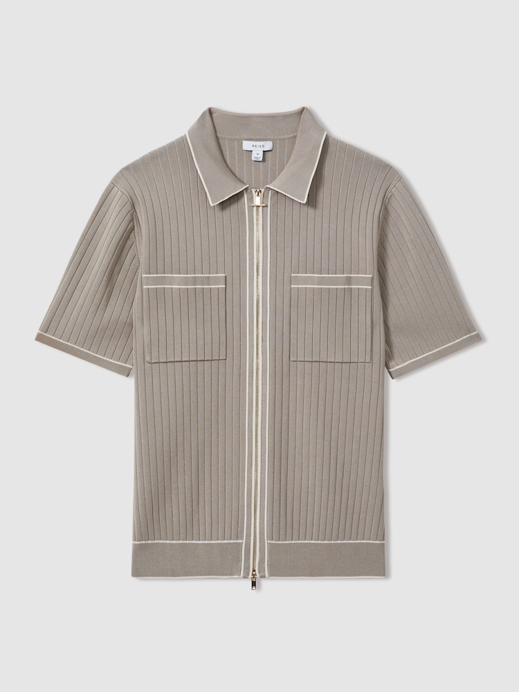 Reiss Stone Christophe Ribbed Dual Zip-Front Shirt - Image 2 of 6