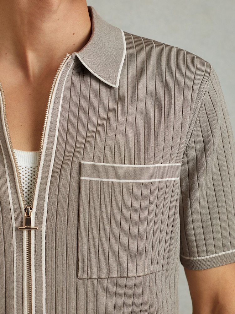 Reiss Stone Christophe Ribbed Dual Zip-Front Shirt - Image 4 of 6