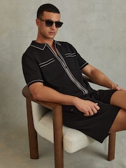 Reiss Black Christophe Ribbed Dual Zip-Front Shirt - Image 1 of 6