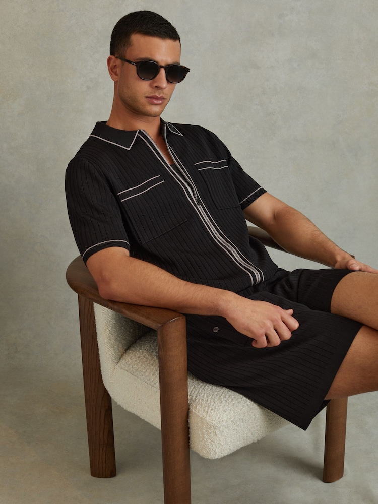 Reiss Black Christophe Ribbed Dual Zip-Front Shirt - Image 1 of 6