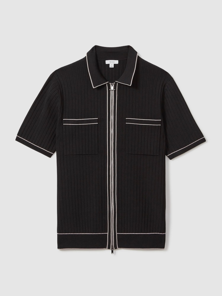 Reiss Black Christophe Ribbed Dual Zip-Front Shirt - Image 2 of 6