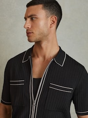 Reiss Black Christophe Ribbed Dual Zip-Front Shirt - Image 4 of 6