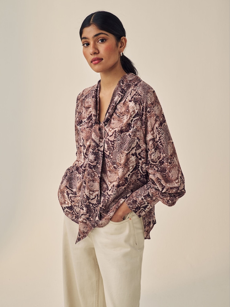 Brown Snake Print Long Sleeve Tie Neck Blouse - Image 1 of 5