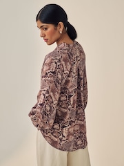Brown Snake Print Long Sleeve Tie Neck Blouse - Image 2 of 5