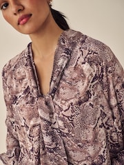 Brown Snake Print Long Sleeve Tie Neck Blouse - Image 3 of 5